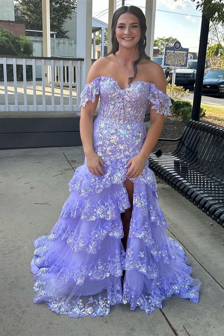 Sheath Off-The-Shoulder Sleeveless Slit Sequin Embroidery Tiered Prom Dresses