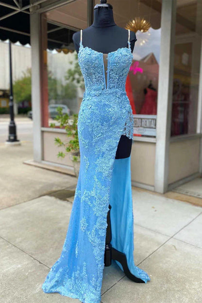 Sheath Spaghetti Straps Appliques & Sequins Long Prom Dress with Slit