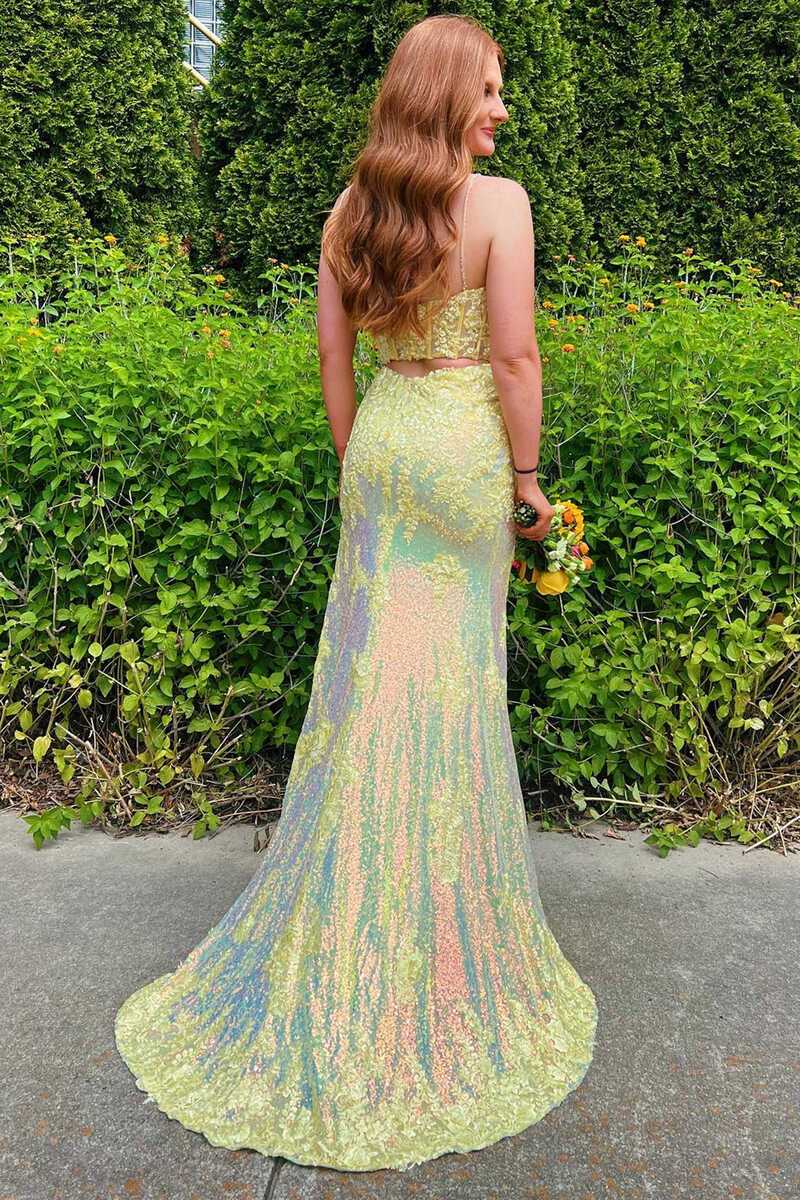 Sheath Spaghetti Straps Appliques & Sequins Long Prom Dress with Slit