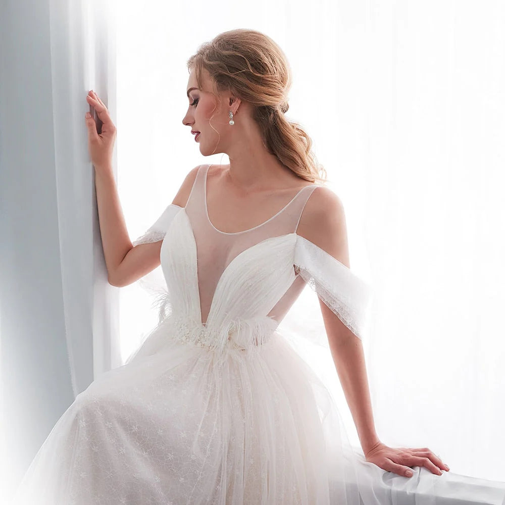 A Line Beading Tulle Wedding Dresses