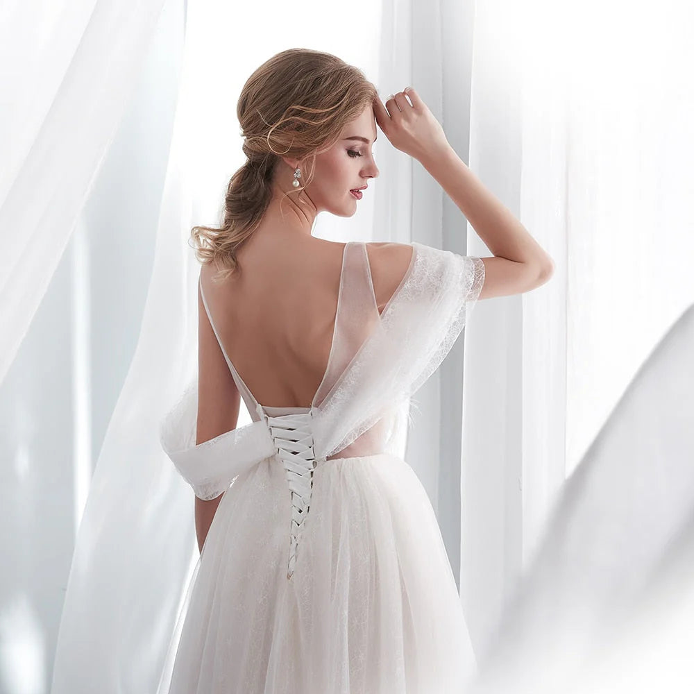 A Line Beading Tulle Wedding Dresses