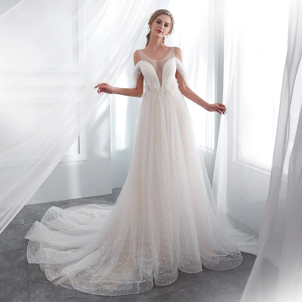 A Line Beading Tulle Wedding Dresses