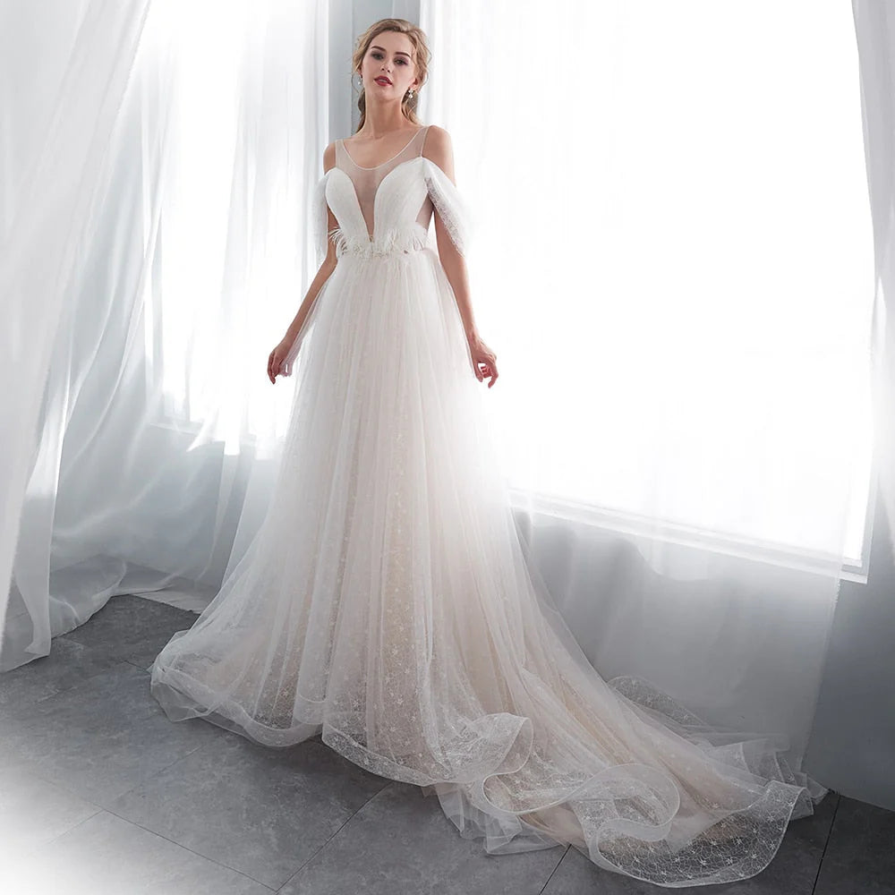 A Line Beading Tulle Wedding Dresses