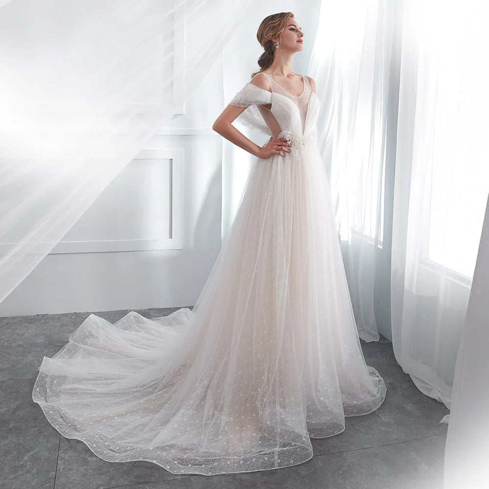 A Line Beading Tulle Wedding Dresses