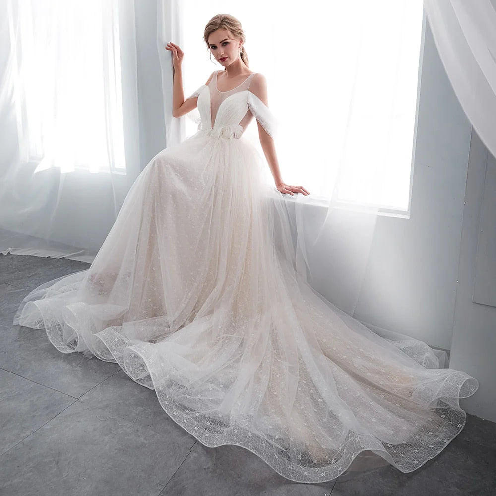 A Line Beading Tulle Wedding Dresses