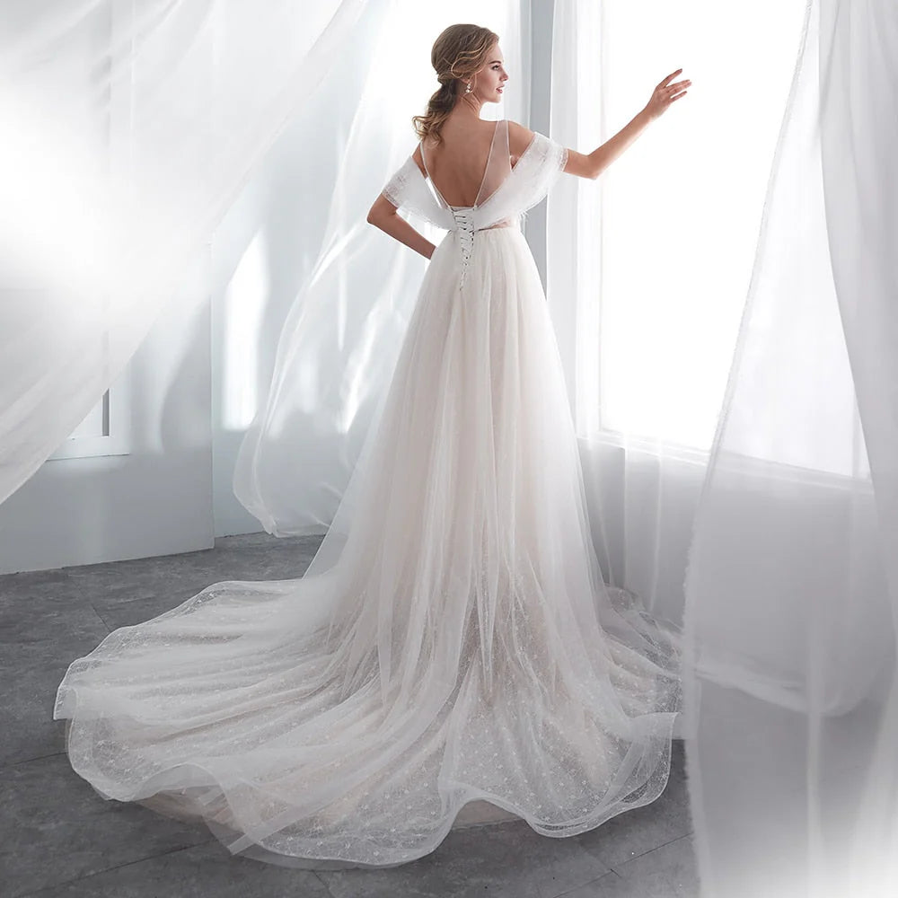 A Line Beading Tulle Wedding Dresses