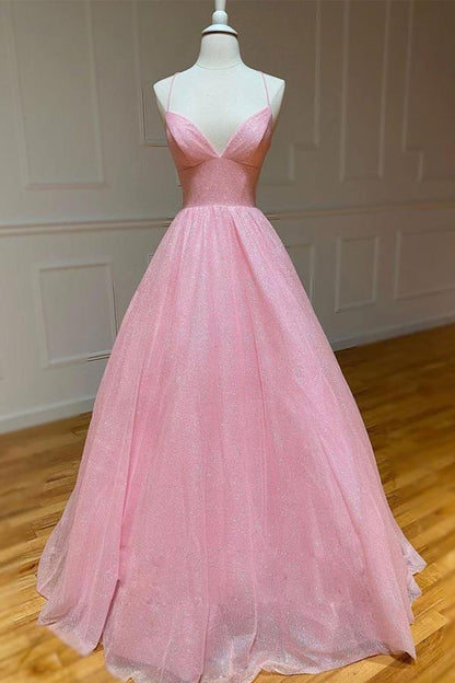 Shiny A Line V Neck Backless Pink Long Prom Dress, Open Back Pink Formal Evening Dress