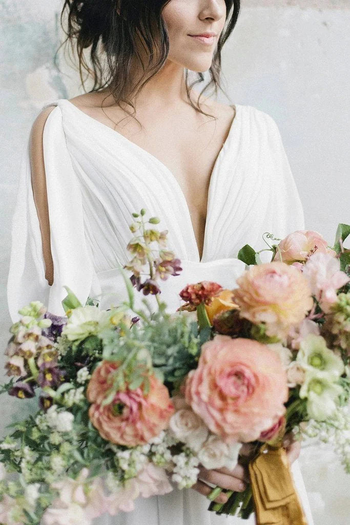 A Line Ivory Chiffon V neck Wedding Dresses, Half Sleeves Long Wedding Gowns