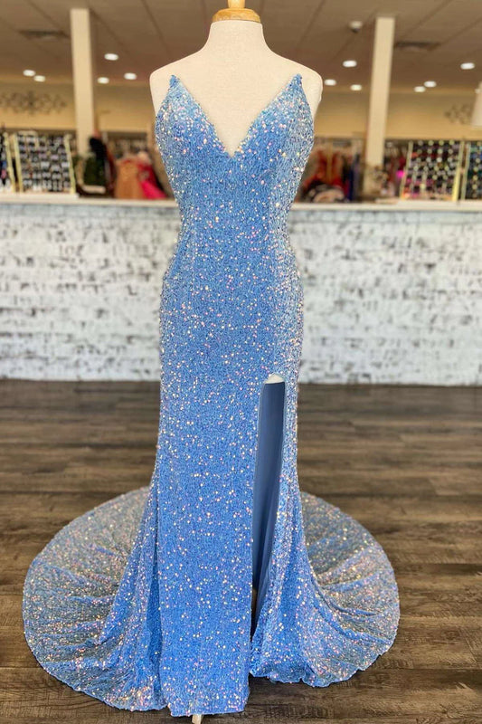 Simple Sequin Sweetheart Blue Mermaid Prom Dress with Slit Sweep Train