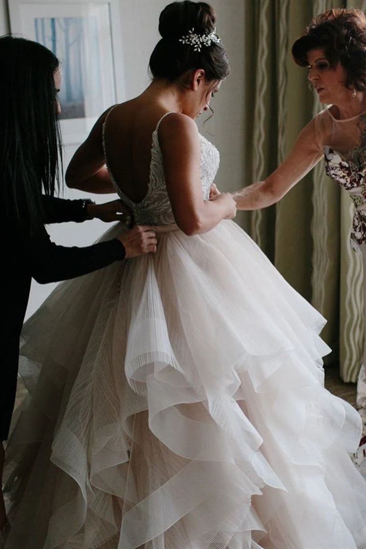 V-Neck Backless Beach Wedding Dress Ball Gowns With Ruffles