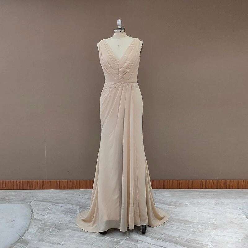 Simple V Neck Sleeveless Sheath Cheap Pleated Long Bridesmaid Dresses With Slit