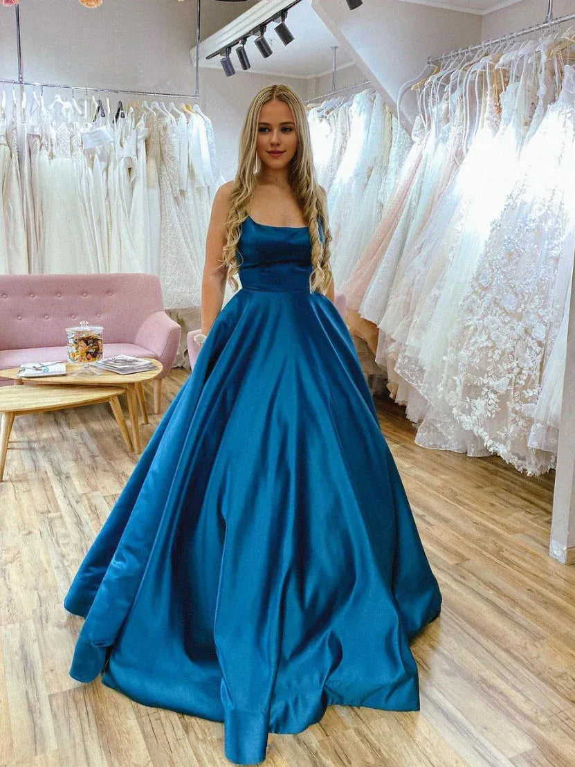 Amzcw Simple blue satin backless long prom dress blue evening dress st