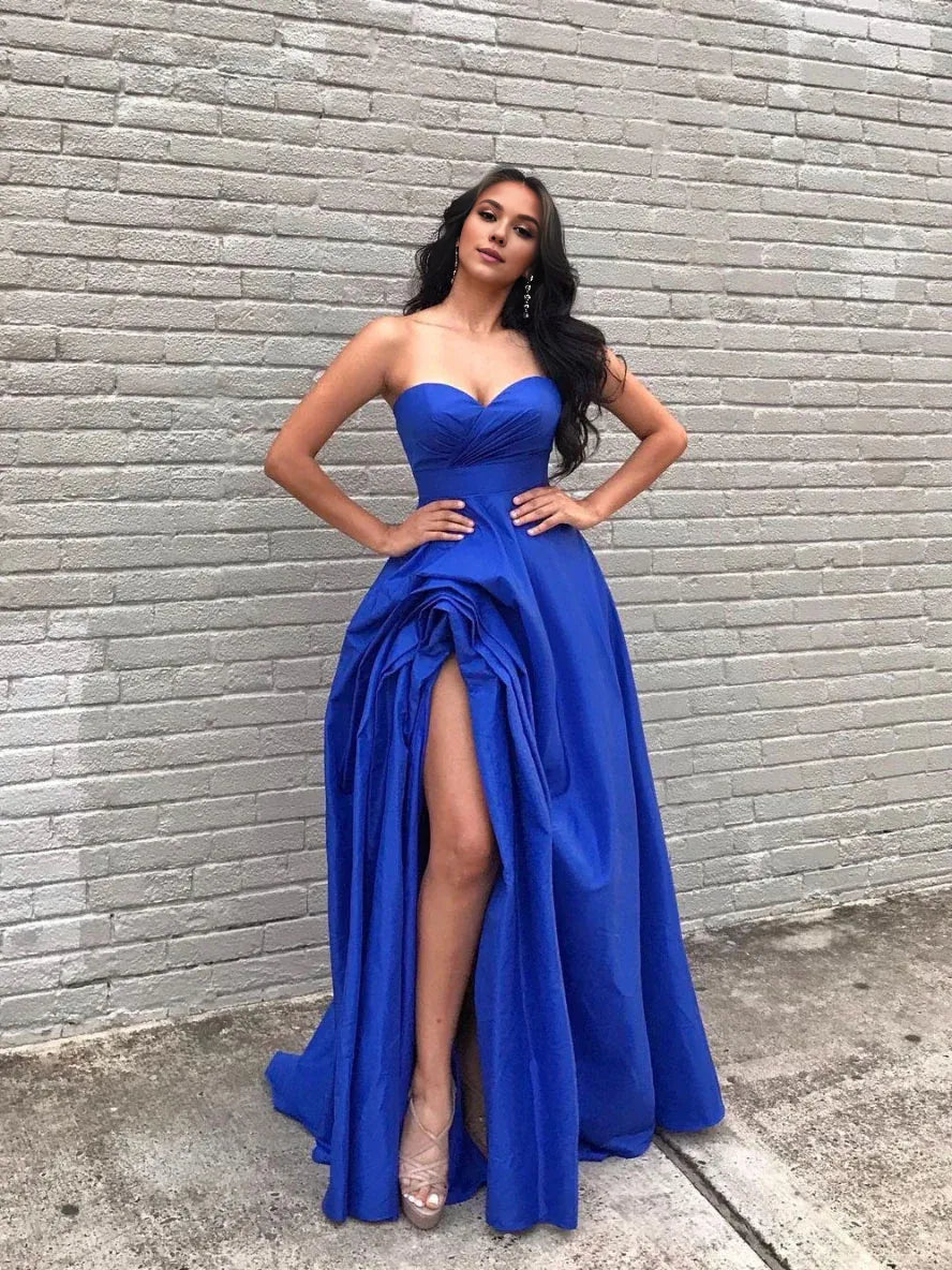 Amzcw Simple blue satin long prom dress blue evening dress stores with prom dresses