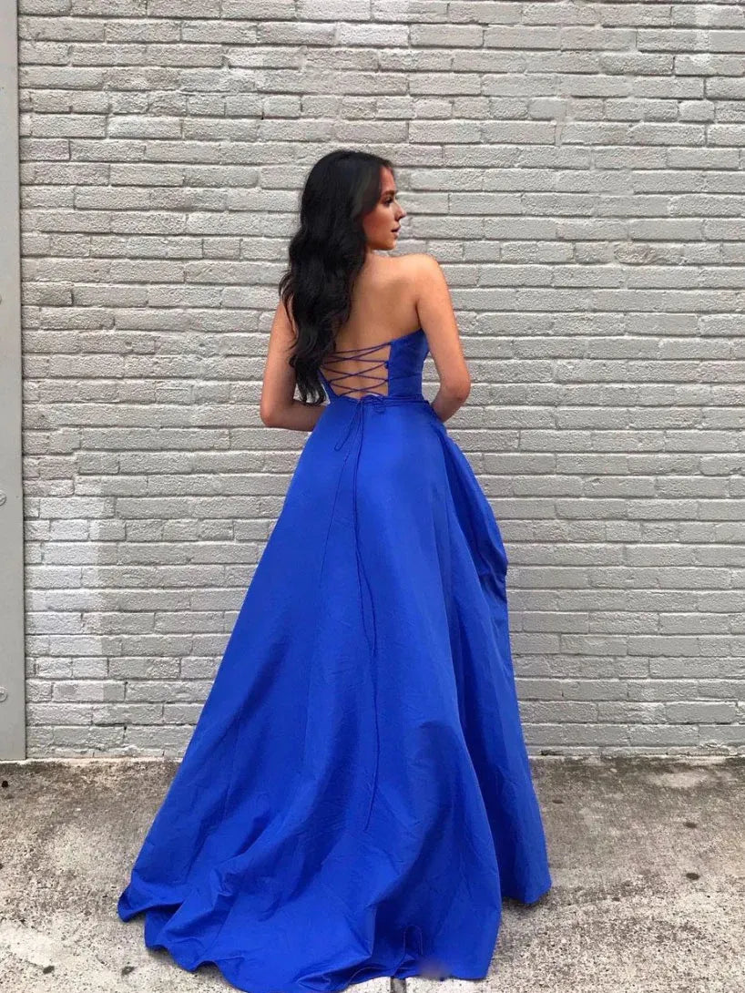 Amzcw Simple blue satin long prom dress blue evening dress stores with prom dresses