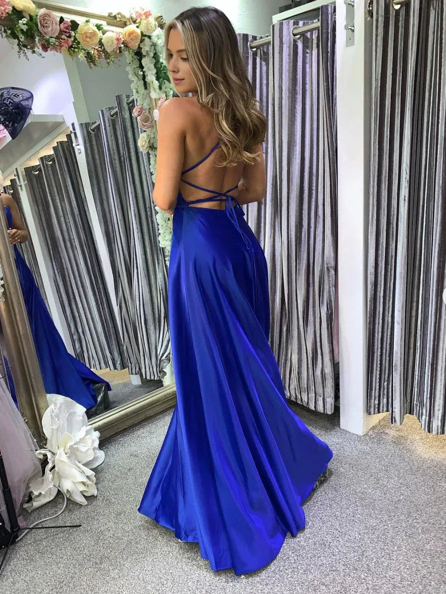 Amzcw Simple blue satin long prom dress blue satin evening dress stores with prom dresses