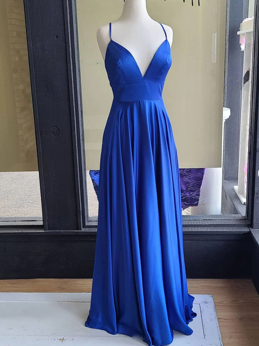 Amzcw Simple blue satin long prom dress blue satin evening dress stores with prom dresses