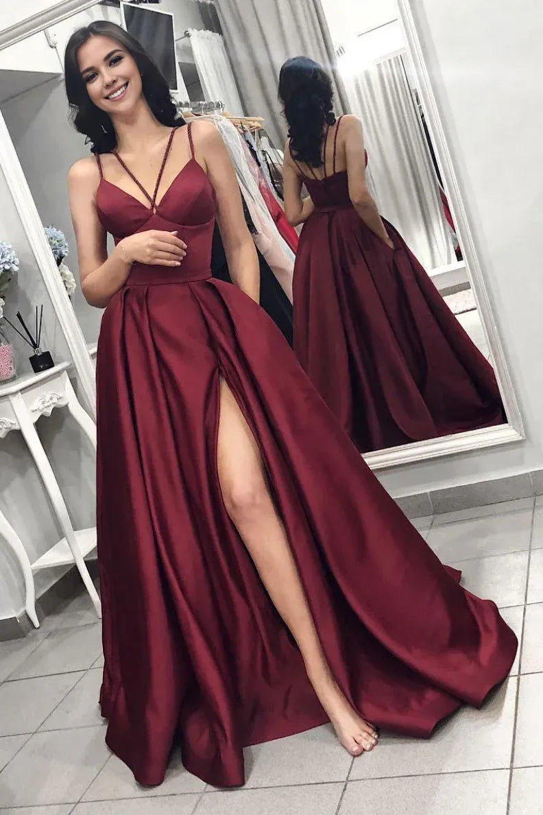 Simple satin burgundy long prom dress burgundy evening dress,DS2105 main image 1