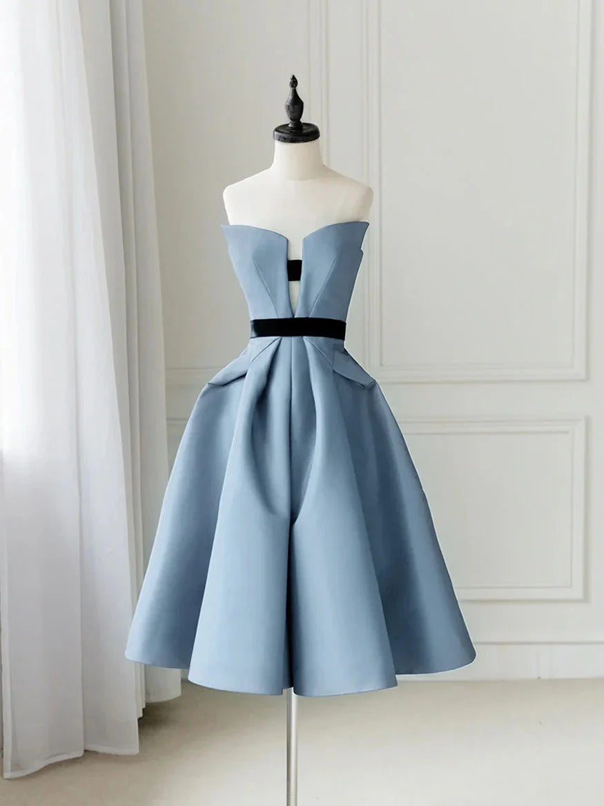 Amzcw Simple satin blue short prom dress blue homecoming dress formal wear dresses