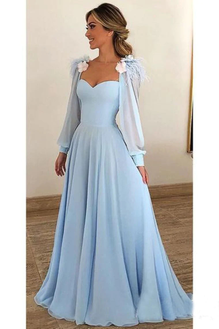Sky Blue Chiffon Prom Dresses Long Sleeves Modest Formal Dress