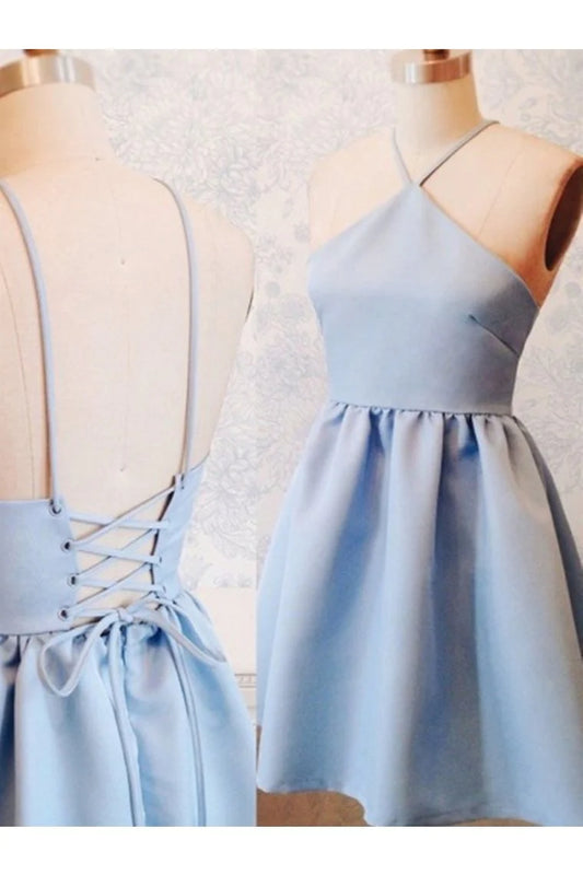 Spaghetti Straps Blue A Line Backless Homecoming Cocktail Dresses