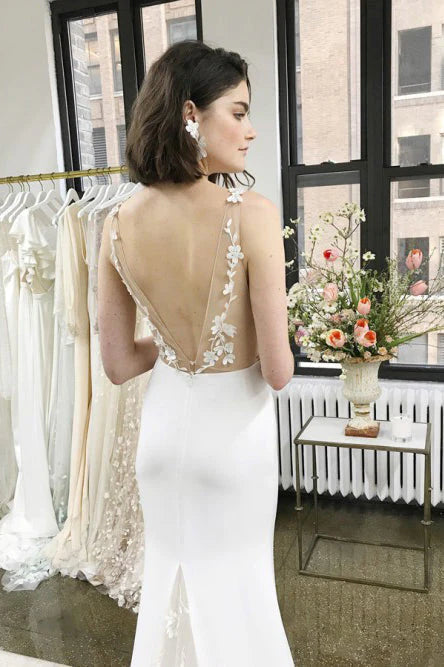 Spaghetti Straps Mermaid Wedding Dresses Spandex With Applique Sweep Train