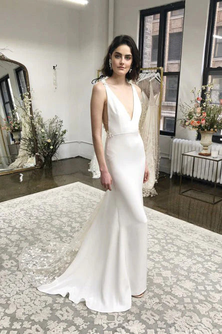 Spaghetti Straps Mermaid Wedding Dresses Spandex With Applique Sweep Train