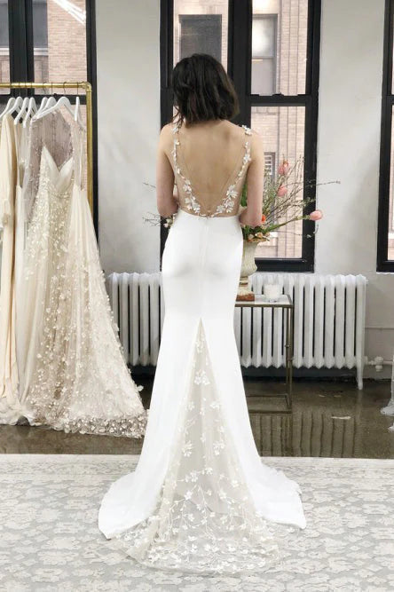 Spaghetti Straps Mermaid Wedding Dresses Spandex With Applique Sweep Train