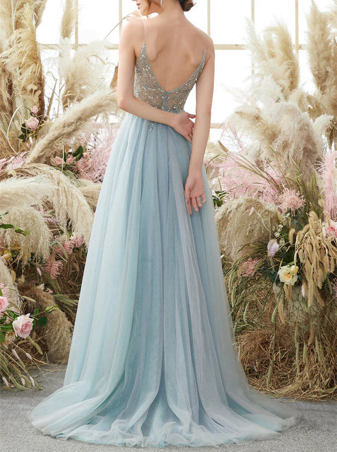 Spaghetti Straps V Neck Tulle Prom Dress With Appliques, A Line Long Formal Dress With Beads
