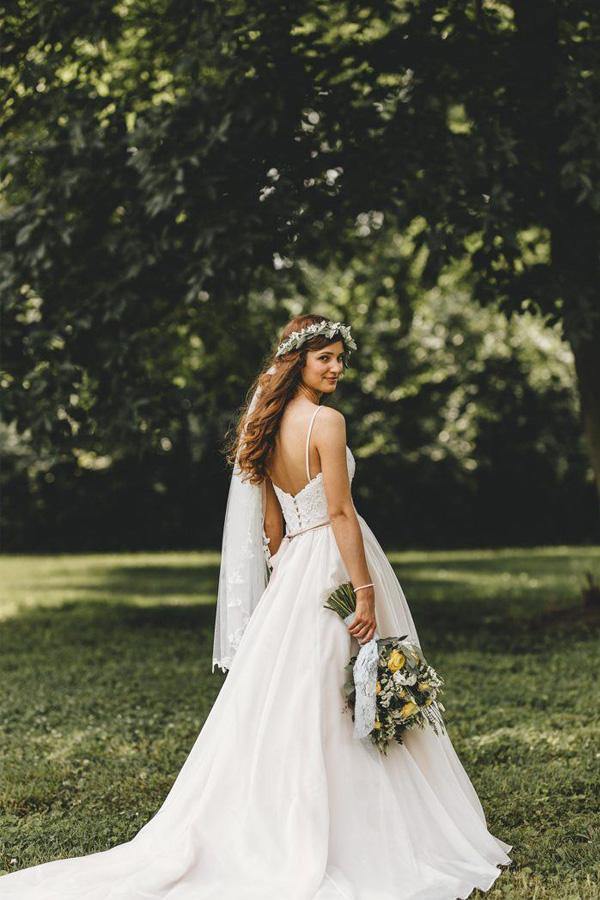 Spaghetti Straps Wedding Dresses A Line Tulle With Applique Court Train