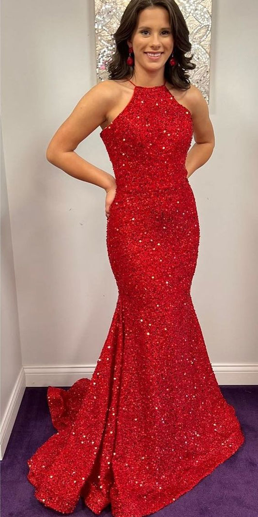 Sparkly Mermaid Open Back Halter Sequin Red Long Prom Dresses
