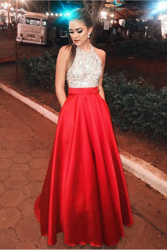Sparkly Open Back Halter Beading Red Long Prom Dresses with Pockets