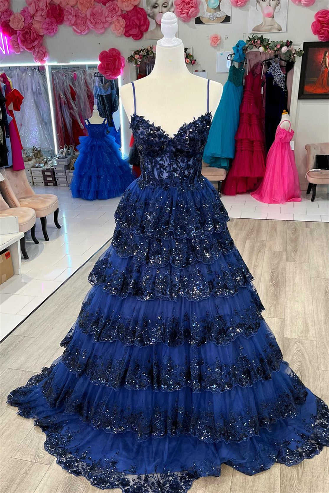 Sparkly Spaghetti Straps Tiered Sequin Embroidery Long Prom Dresses
