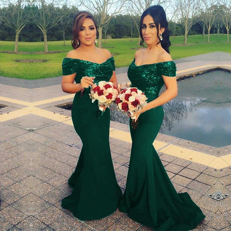 Stunning Off Shoulder Sweep Train Burgundy Mermaid Bridesmaid Dress with Sequins