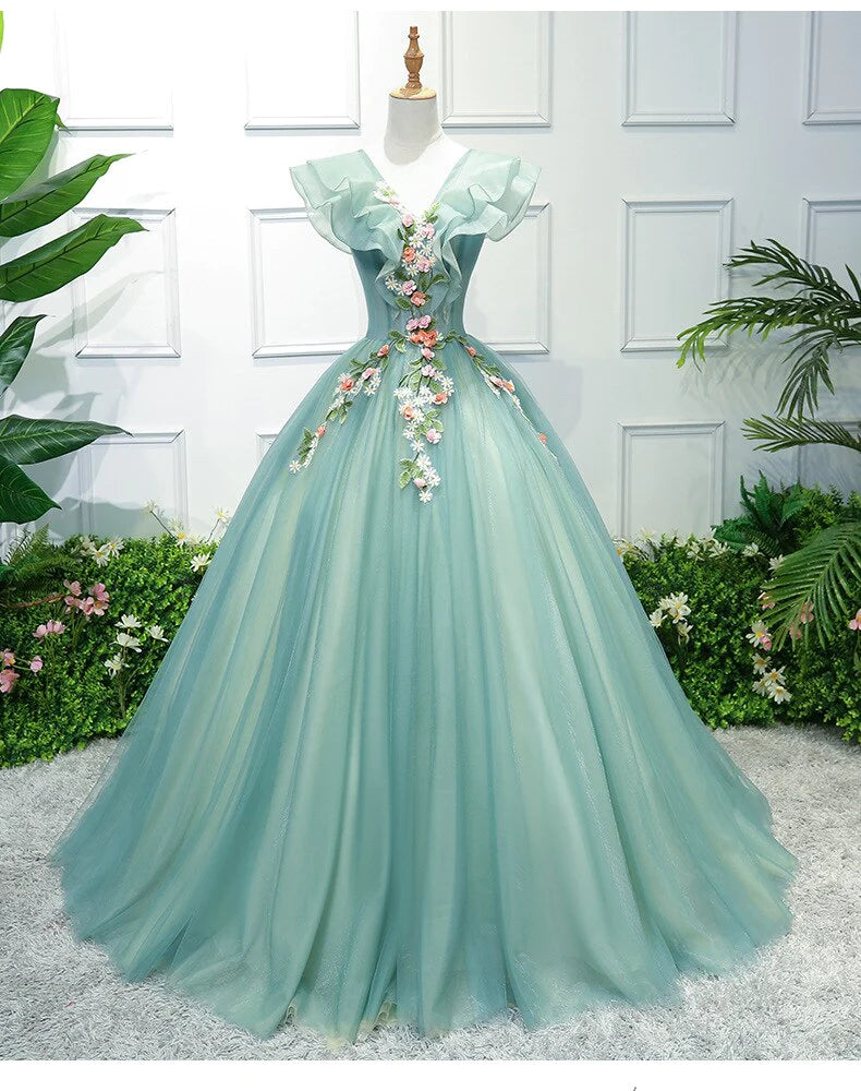 Stunning Off The Shoulder Ball Gown Quinceanera Dresses Tulle 3D Flowers Prom Dresses