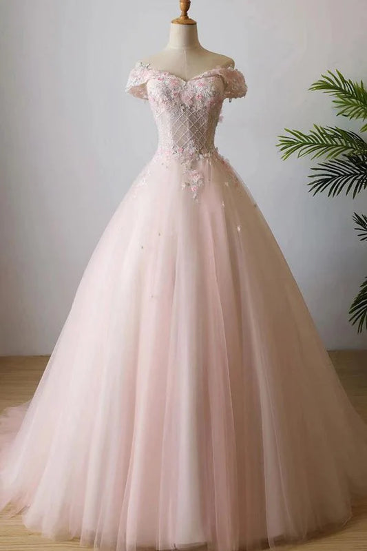 Stunning Off the Shoulder Pink Ball Gown Quinceanera Dresses Tulle 3D Flowers