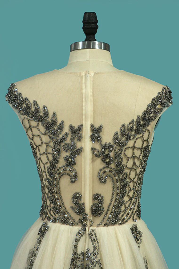 Prom Dresses A Line Bateau Cap Sleeve With Beads Open Back