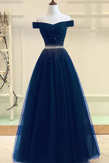 Prom Dresses A Line Off The Shoulder With Beading Sweep Train