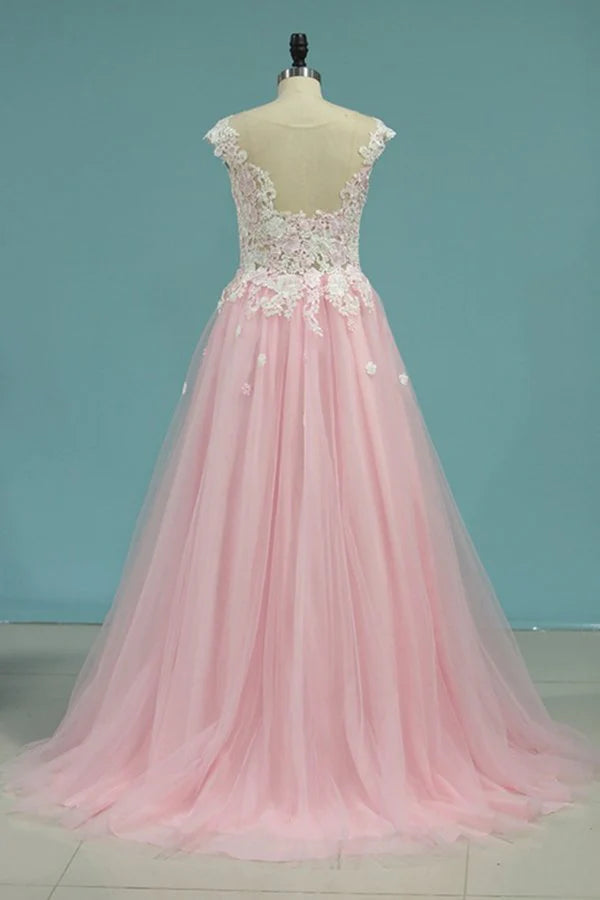 Tulle Prom Dresses Scoop With Applique A Line Sweep Train