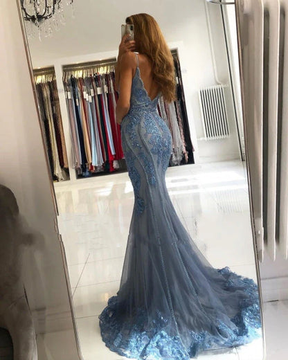 Tulle Spaghetti Straps Prom Dresses Mermaid With Applique Sweep Train