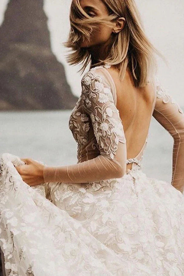 V-Neck A-Line Long Sleeves Wedding Dress Open Back Bride Dresses