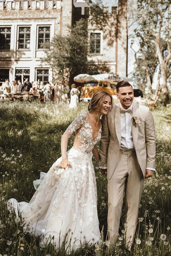 V-Neck A-Line Long Sleeves Wedding Dress Open Back Bride Dresses