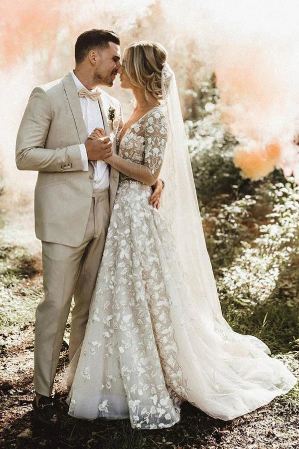 V-Neck A-Line Long Sleeves Wedding Dress Open Back Bride Dresses
