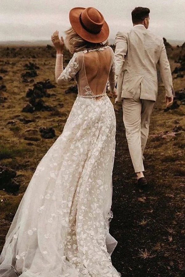 V-Neck A-Line Long Sleeves Wedding Dress Open Back Bride Dresses