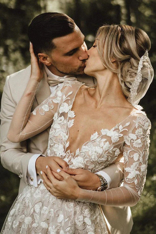 V-Neck A-Line Long Sleeves Wedding Dress Open Back Bride Dresses