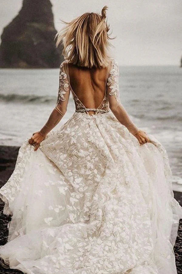 V-Neck A-Line Long Sleeves Wedding Dress Open Back Bride Dresses