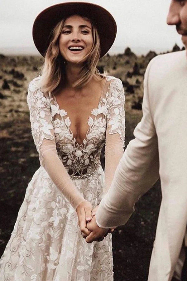 V-Neck A-Line Long Sleeves Wedding Dress Open Back Bride Dresses
