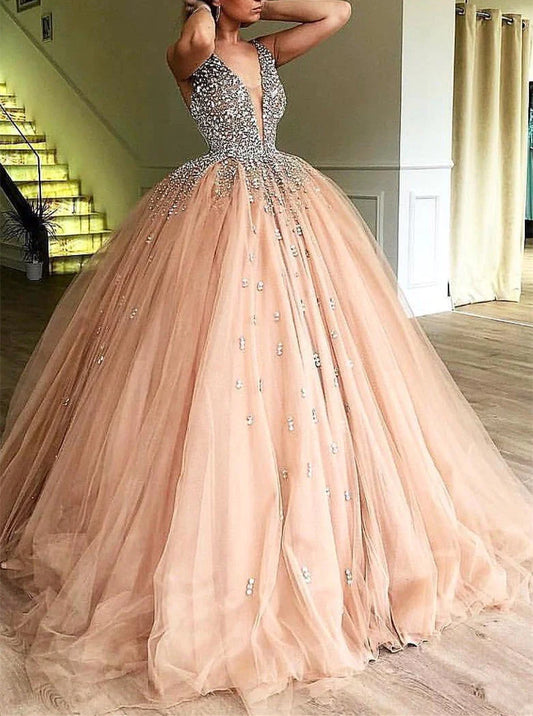 Unique Ball Gown V Neck Sleeveless Beading Tulle Prom Dresses Quinceanera Dress