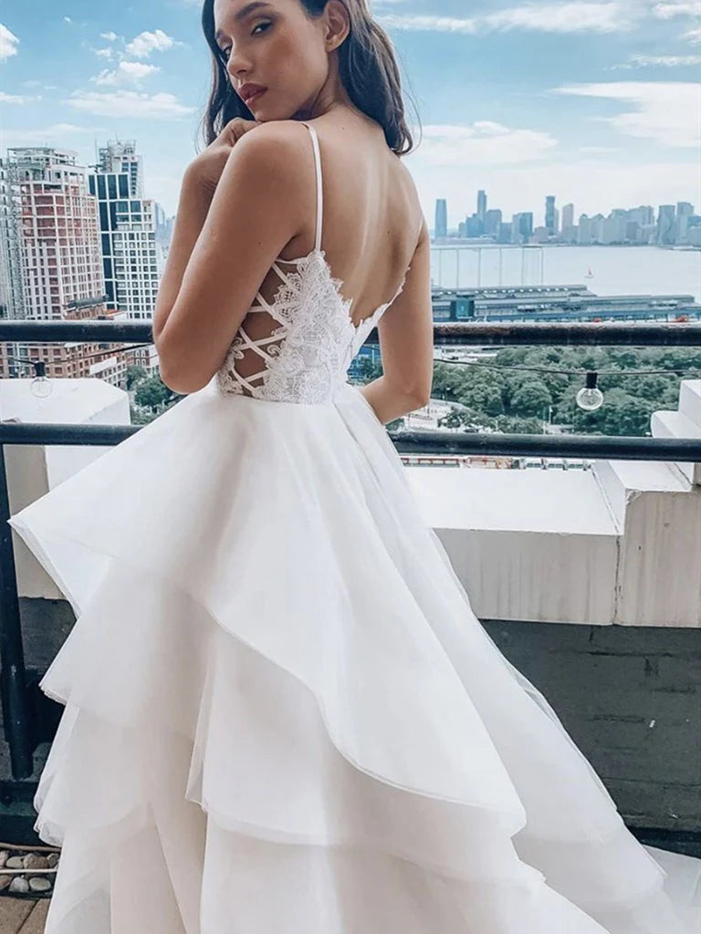 V Neck Lace Top Spaghetti Straps Wedding Dresses