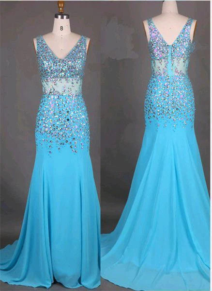 V-Neck Prom Dresses Column Beaded Bodice