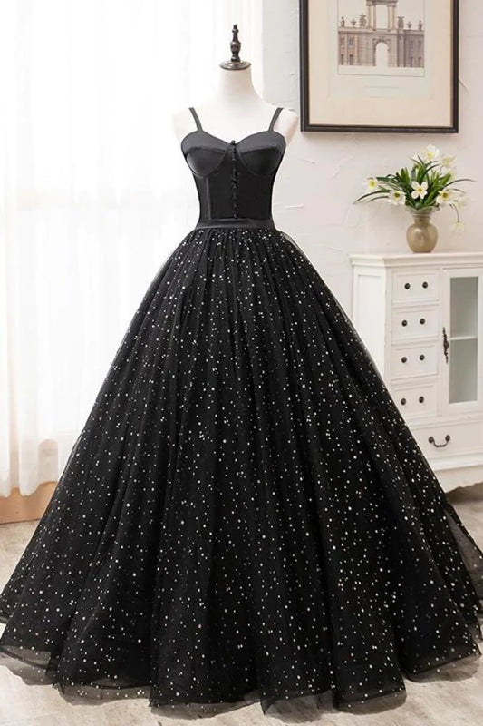 Vintage Ball Gown Black Princess Prom Dresses For Teens Cute Dresseses, Spaghetti Straps Quinceanera Dresses